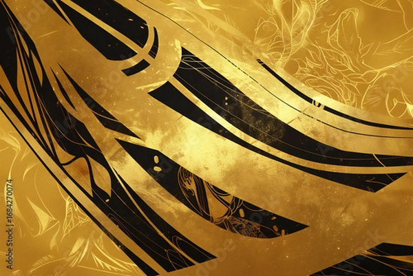 Obraz 豪華な金のテクスチャ、抽象的な和風の背景と黒の模様