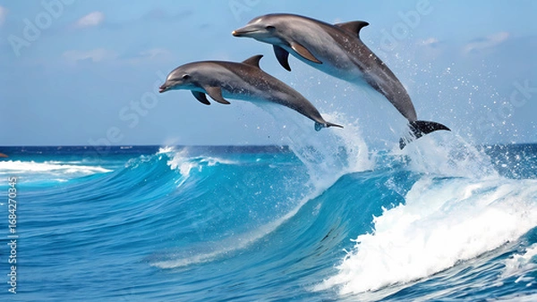 Fototapeta Two dolphins leaping out of a wave in the ocean under a bright blue sky on a sunny day in the sea