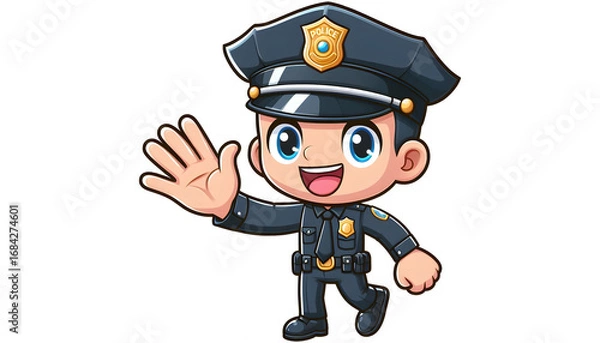 Fototapeta Friendly Cartoon Policeman Character Waving