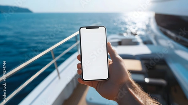 Fototapeta Hand holding a smartphone with a blank screen on a yacht deck