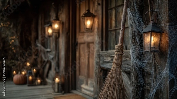 Fototapeta Medium shot featuring a witchs broomstick resting against an old wooden door with surrounding spider webs and glowing lanterns gently out of focus.