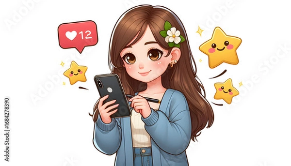 Obraz Young Cartoon Girl Influencer Using Smartphone