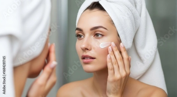 Obraz A woman with a towel on her head applies cream to her face in front of a mirror