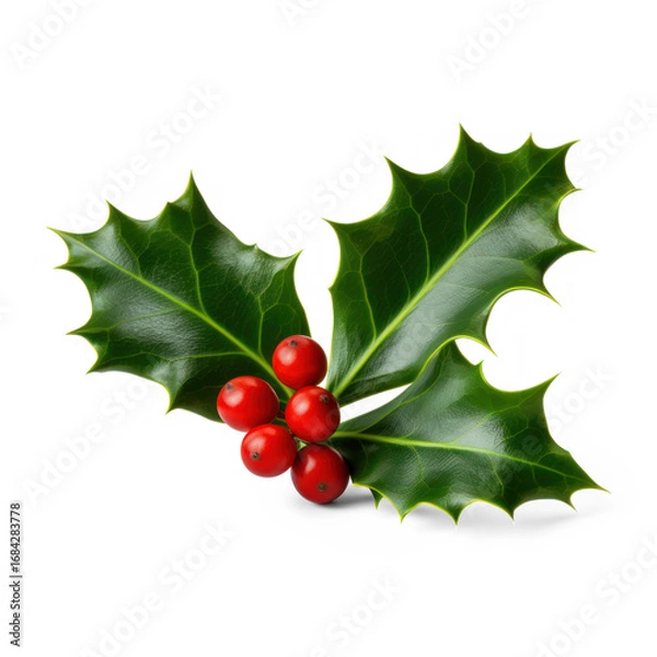 Obraz A single holly berry with green leaves on a transparent background