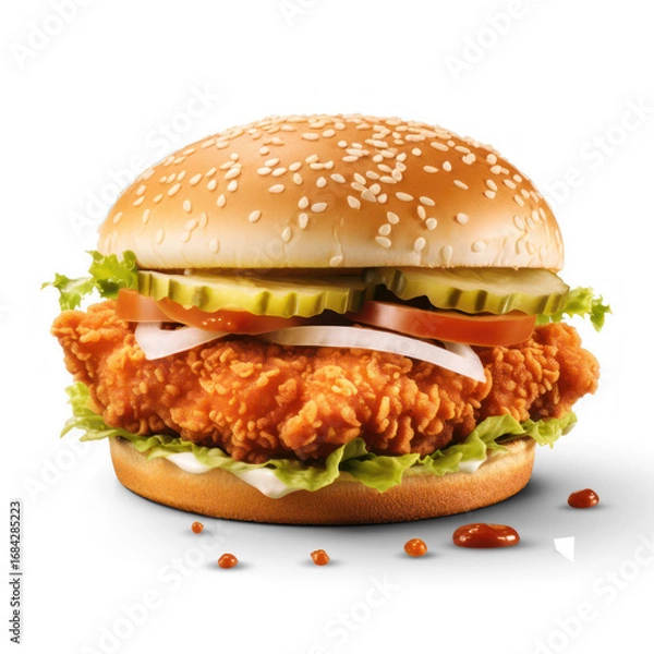 Obraz A chicken sandwich with lettuce, tomato, onion, and pickles on a sesame seed bun.