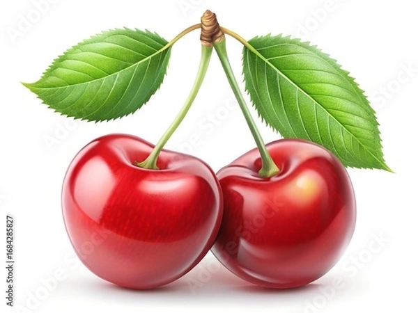 Fototapeta Two Ripe Red Cherries with Green Leaves Isolated on a White Background