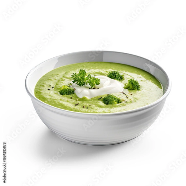 Obraz A bowl of green broccoli soup with a dollop of sour cream and garnished with fresh parsley.