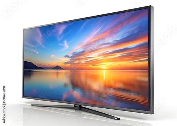 Fototapeta Modern Flat Screen Television Displaying a Colorful Sunset Landscape on a White Surface