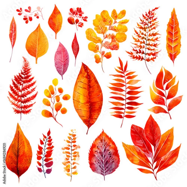 Fototapeta Watercolor Autumn Leaves Collection Isolated on Black Background Art Pattern