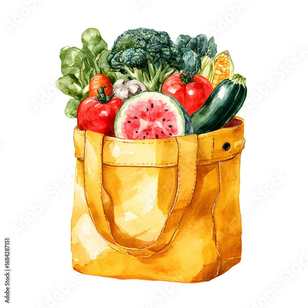 Obraz Watercolor illustration featuring a reusable bag overflowing with fresh produce and fruits