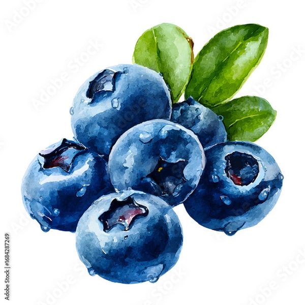 Obraz Watercolor blueberries with leaves on a black background detailed illustration