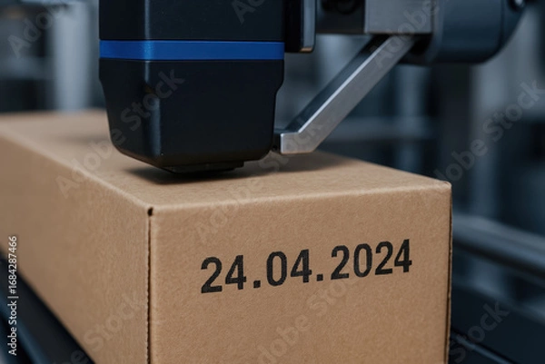 Fototapeta Packaging machine printing date on cardboard box in food processing industry for quality control and tracking