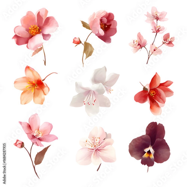 Obraz Elegant Watercolor Floral Set on Black Background for Design and Decoration
