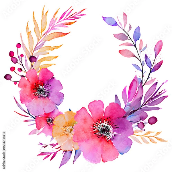 Obraz Vibrant Watercolor Floral Wreath on Black Background: A Delicate Touch of Art