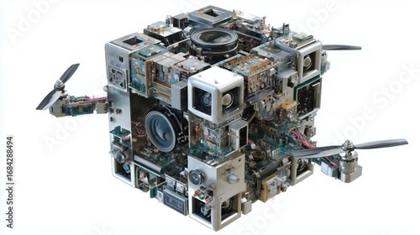 Fototapeta Cube with electronic components and propellers