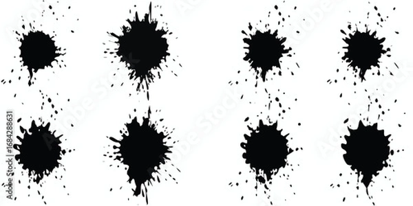Fototapeta Collection of eight black ink splatters and drops on a white background