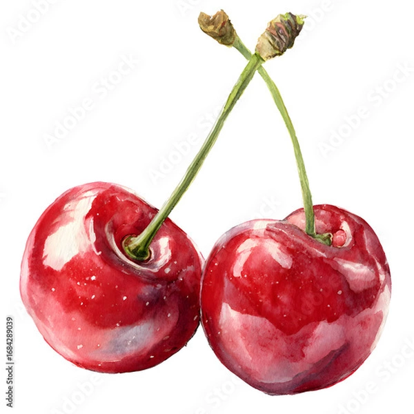 Obraz Watercolor illustration of two ripe cherries on a black background showcasing fruit