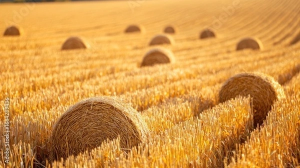 Obraz A golden field of hay with bales of straw scattered across it.