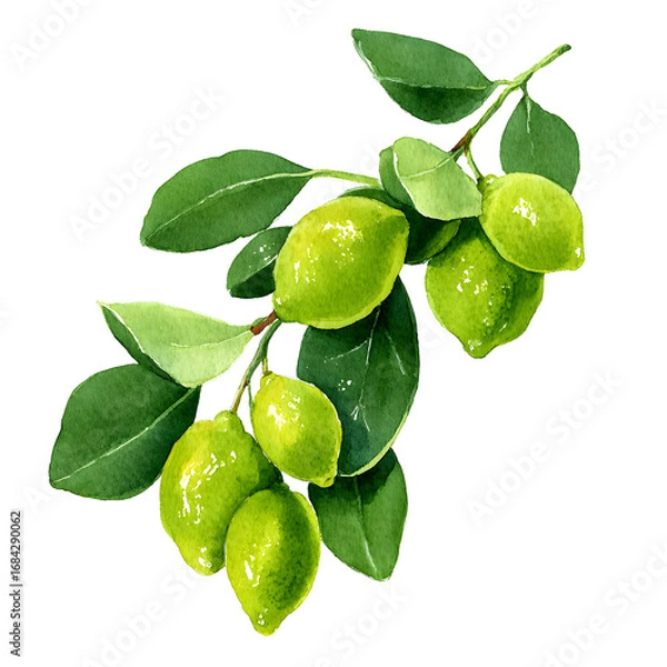 Fototapeta Watercolor Illustration of Fresh Green Limes on a Branch with Leaves isolated