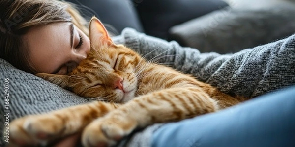 Fototapeta Cuddling with a pet on the sofa