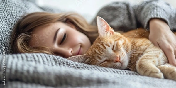 Fototapeta Cuddling with a pet on the sofa