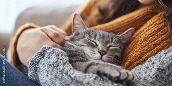 Fototapeta Cuddling with a pet on the sofa