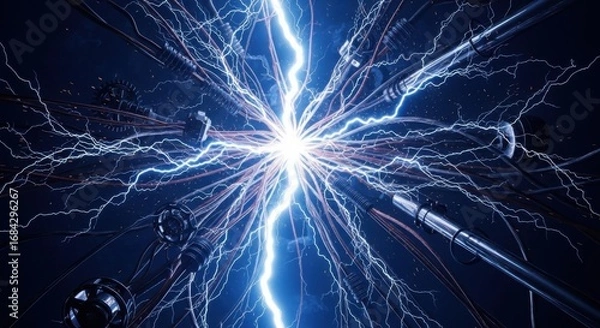 Fototapeta Powerful electrical discharge illuminating the central hub of a complex network