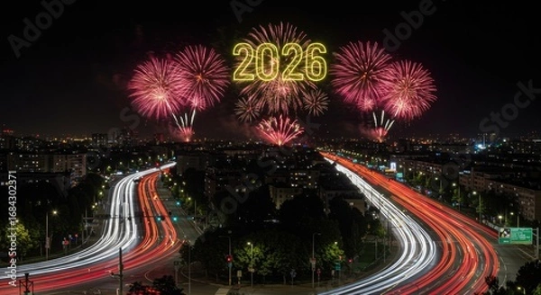 Fototapeta 2026 New Year Fireworks Display Over Cityscape with Car Light Trails at Night