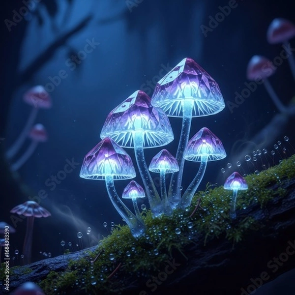 Fototapeta Enchanting Bioluminescent Fungi Growing in a Dark Enchanted Forest