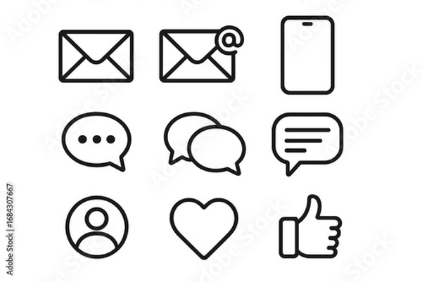 Fototapeta Communication and messaging outline icon set. Email, chat, and social media icons. Vector line art for UI UX design. Smartphone, message, like, user profile symbols.