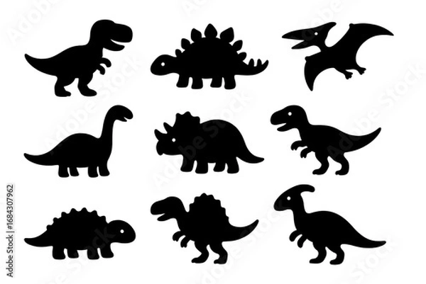Fototapeta Dinosaur silhouette icon set. Cute prehistoric animal collection for kids. Jurassic and cretaceous dino characters like T-rex, Stegosaurus. Simple black vector fossil shape.