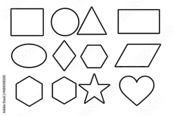 Fototapeta Set of basic geometric shapes. Black line art collection including square, circle, triangle, star and heart. Minimalist vector icons perfect for web design or educational material.