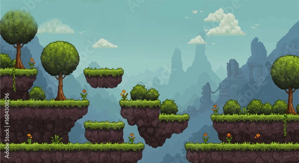 Obraz 8-bit pixel art retro game level background. 2D platformer video game. side view of a fantasy world with mountains and trees. simple 2D vector graphics.