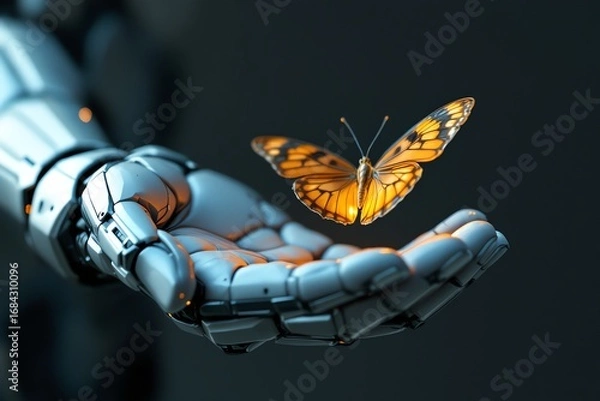 Fototapeta Robot Hand Holding Butterfly Symbolic Of Technology And Nature Balance