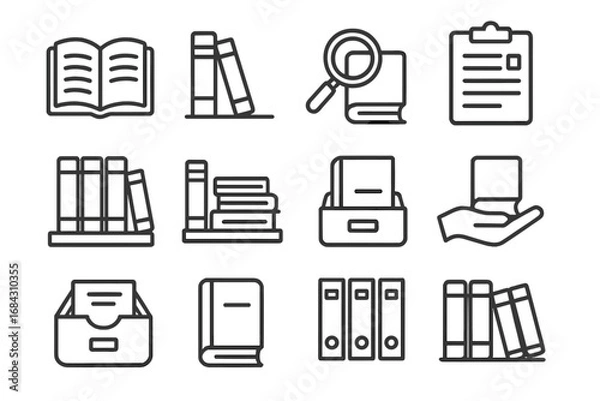 Fototapeta Library icons set for book management and document organization. Archive, bookshelf, and file storage linear symbols. Education and research vector outline pictograms collection.