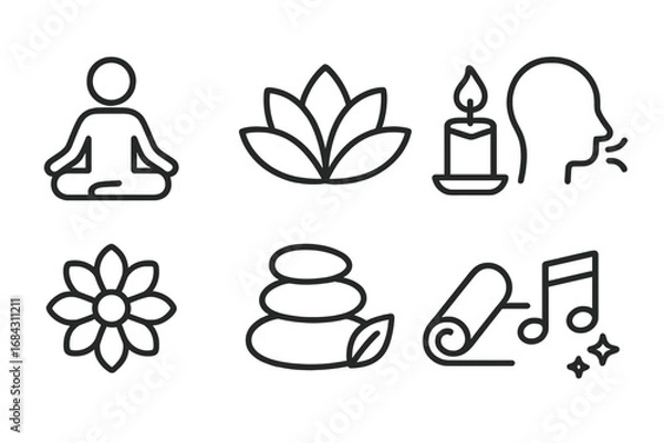 Fototapeta Yoga and meditation line icon set for wellness and relaxation. Minimalist vector symbols of lotus pose, zen stones, candle, breathing exercise, and aromatherapy for spa concepts.
