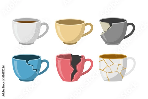 Fototapeta Broken ceramic coffee cup illustration set, cracked tea mugs with visible fractures, damaged pottery vector graphics collection