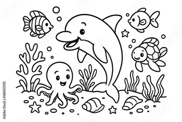 Fototapeta Playful underwater adventure with happy dolphin, octopus, turtle, and tropical fish in cartoon vector outline, seaweed, seashells, bubbles, marine life illustration, transparent background