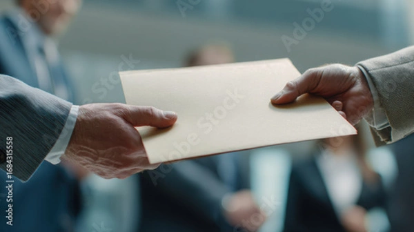 Obraz Close up of two people exchanging document in professional setting, symbolizing business communication