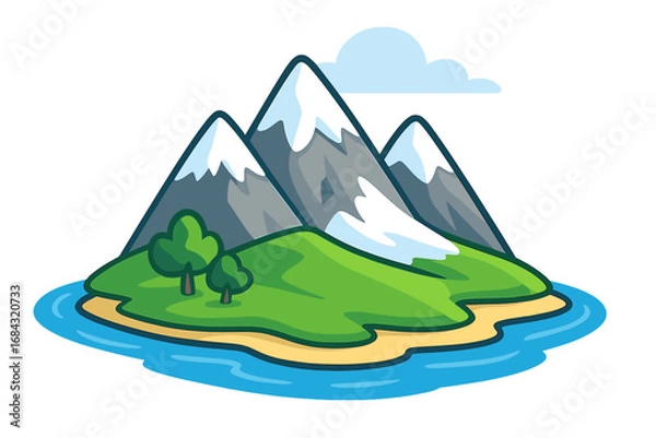 Fototapeta Islands showcasing diverse landscapes with snowy mountains, volcano, desert cactus, green forests, and sandy beaches in bright day vector cartoon illustration with transparent background