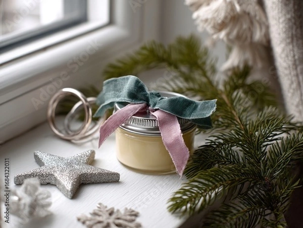 Fototapeta Minimalist Christmas Table Setting with Coconut Balm and Diamond Ring 