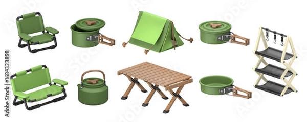 Fototapeta A collection of 3D rendered essential camping and hiking equipment, including a tent, folding chairs, a table, and cookware, isolated on a white background