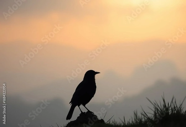 Obraz Dark bird silhouette against a misty, ethereal landscape,  nature,  light