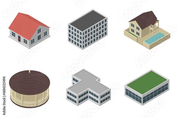 Fototapeta Modern commercial complex icons, warehouse factory hangar, circular pavilion, office plaza structures, rooftop details, isometric architectural components and terrain pieces