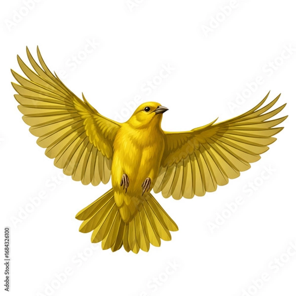 Fototapeta Vibrant yellow canary in graceful flight, wings spread wide, symbolizing freedom and joy.