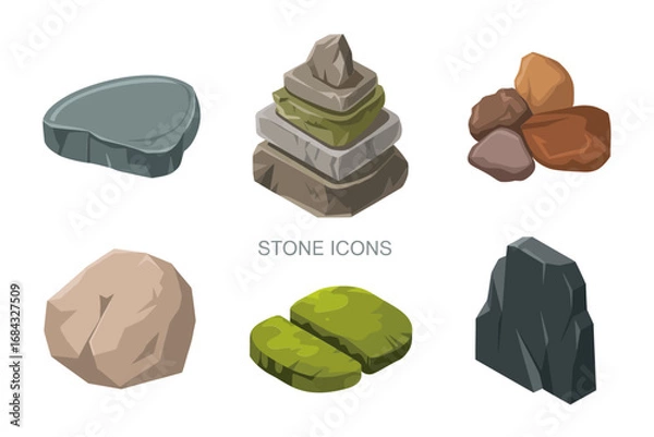 Fototapeta Flat stone icons pack, smooth boulder illustrations, moss pads and stacked pebbles, decorative rock elements, vector friendly assets