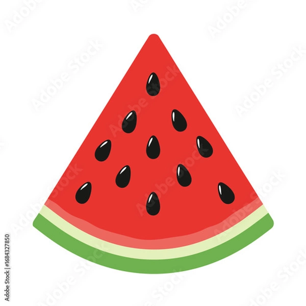 Fototapeta A classic triangular slice of juicy red watermelon with black seeds, symbolizing summer refreshment, healthy snacks, and vibrant fruit concepts