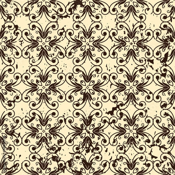 Fototapeta Abstract vintage ornamental pattern with fading and scratches, paint splashes. Vector template can be used for design of wallpaper, fabric, oilcloth, textile, wrapping paper and other design