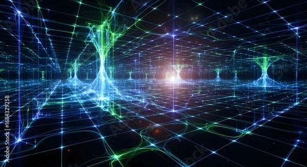 Fototapeta Abstract network with interconnected nodes and glowing light, symbolizing technology and connectivity.