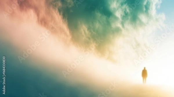 Fototapeta Mysterious figure walking through colorful fog at dawn